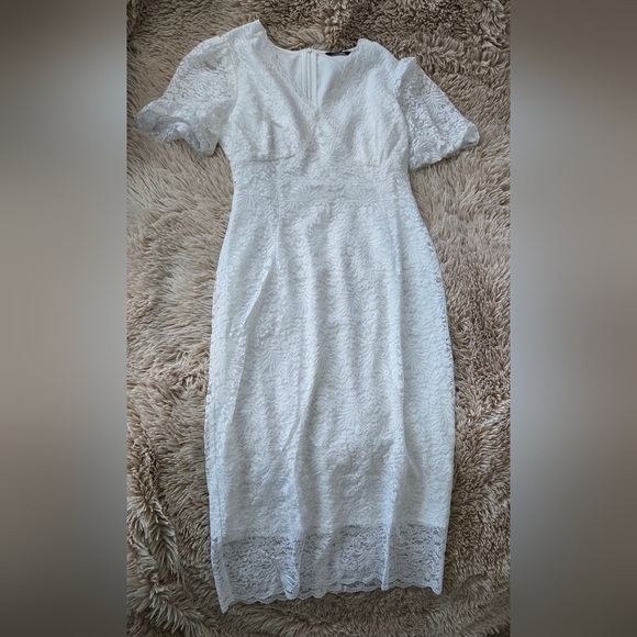 Lace Floral V-Neck Dress with Puff Sleeves and Back Zipper #1001 - Picture 5 of 12